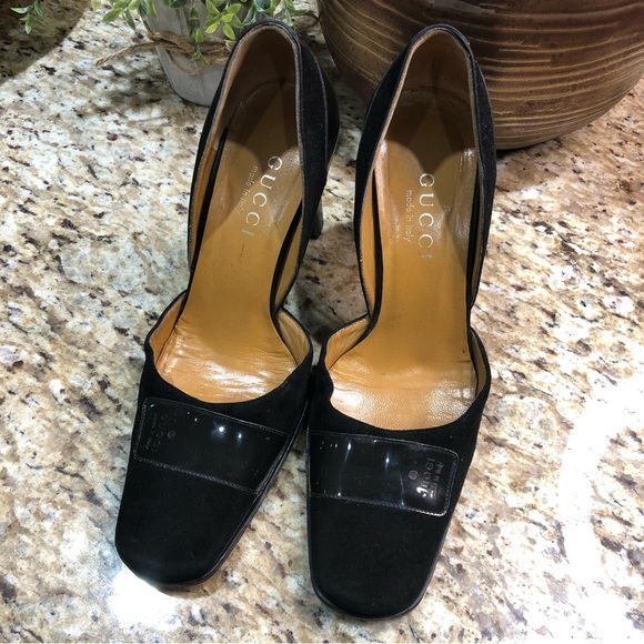 GUCCI Patent Leather Suede Black D'Orsay Square Toe Block Heel Pumps 5.5 - Picture 2 of 13